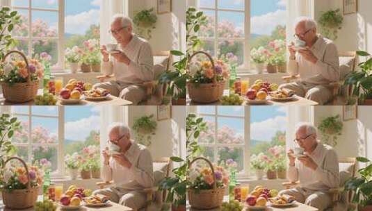 老人室内窗边悠闲喝咖啡高清在线视频素材下载