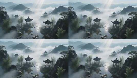 中式山水风景含古亭竹林高清在线视频素材下载