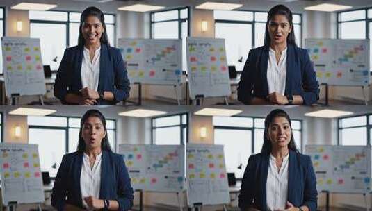 女商人办公室内站立微笑高清在线视频素材下载