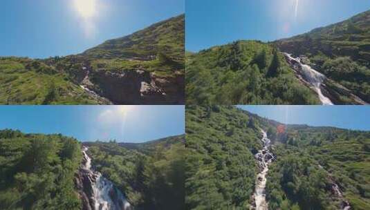 FPV穿越机无人机航拍瀑布森林高山山脉高清在线视频素材下载