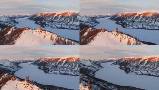 新疆阿勒泰地区喀纳斯景区雪景航拍高清在线视频素材下载