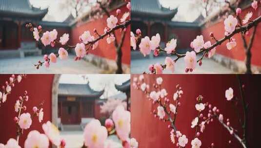 古建筑前绽放的粉色花朵高清在线视频素材下载