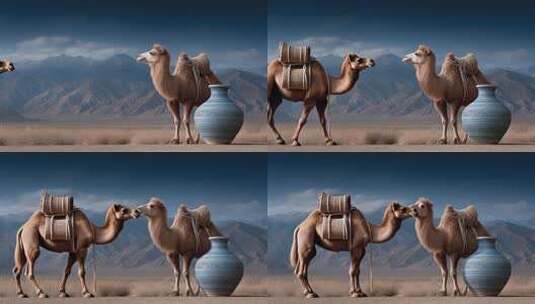 大漠风情：骆驼与古韵瓷器的和谐相遇高清在线视频素材下载