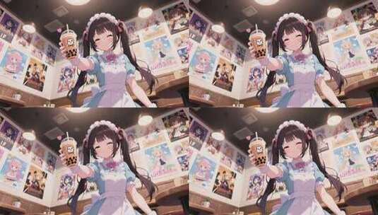女仆装动漫人物递奶茶画面高清在线视频素材下载