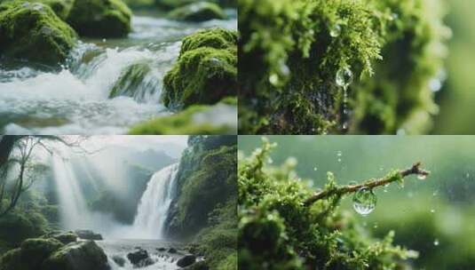 清新自然的山泉水景与水滴特写高清在线视频素材下载