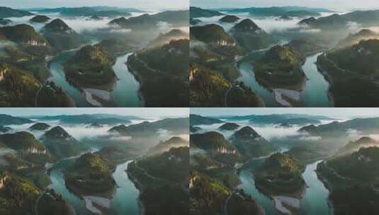 山水间云雾缭绕的自然风光高清在线视频素材下载