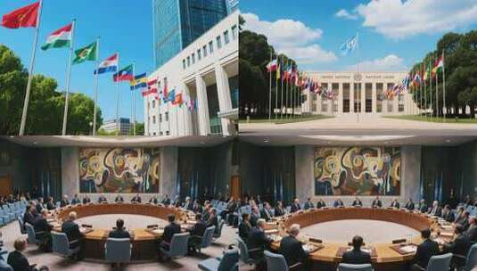 合国旗帜建筑内部会议场景高清在线视频素材下载