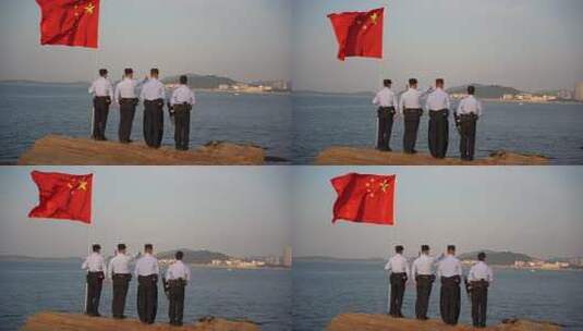 国庆节威海警察高举五星红旗巡查海岸高清在线视频素材下载