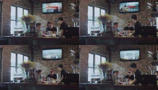 咖啡馆内顾客与服务员交谈高清在线视频素材下载