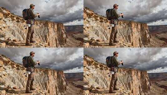 男子悬崖边徒步眺望远方高清在线视频素材下载
