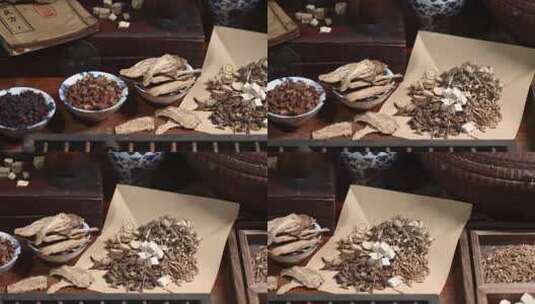 木桌木雕家具老中药房研究中药配方计量药方高清在线视频素材下载