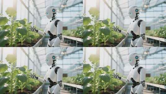 温室大棚内机器人查看植物高清在线视频素材下载