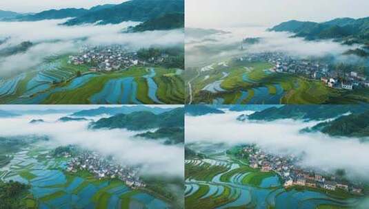 乡村梯田云雾环绕俯瞰画面高清在线视频素材下载