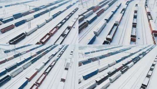 雪中铁轨上的货运火车高清在线视频素材下载