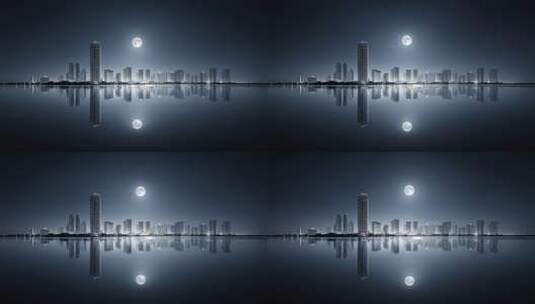 月光映照下的城市天际线波光粼粼高清在线视频素材下载