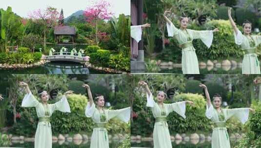 园林中古装女子桥上起舞场景高清在线视频素材下载