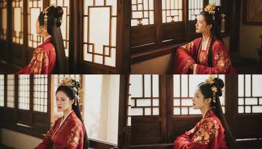 身着汉服女子窗边背影高清在线视频素材下载