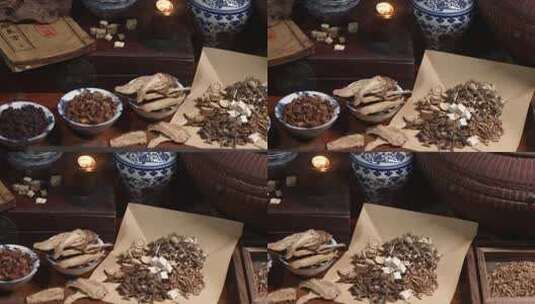 木桌木雕家具老中药房研究中药配方计量药方高清在线视频素材下载