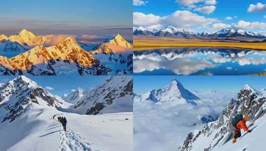 雪山航拍攀登雪山风光日照金山登山探险高清在线视频素材下载