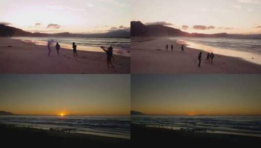 夕阳海边沙滩嬉戏高清在线视频素材下载
