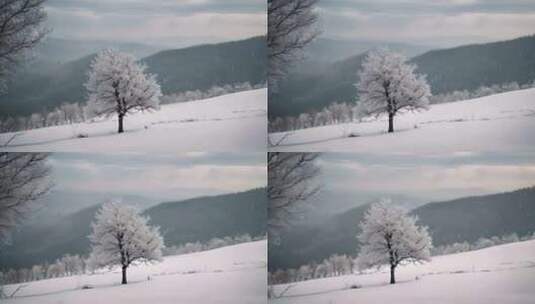 冬天山林积雪下的一棵树高清在线视频素材下载