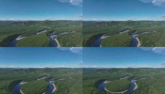 森林航拍大兴安岭山河美景蓝色河流绿色林木高清在线视频素材下载