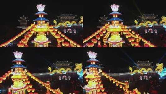 浙江绍兴新昌大佛寺春节灯会航拍高清在线视频素材下载