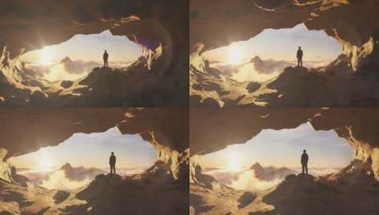 冒险的徒步旅行者站在落基山脉的洞穴里高清在线视频素材下载