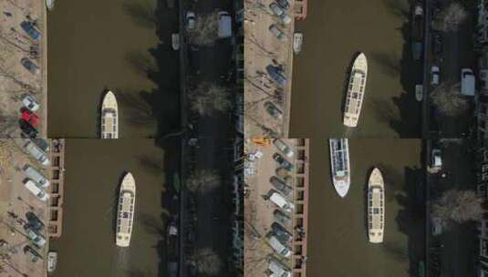 阿姆斯特丹运河河上的旅游船汽车和人镜头高清在线视频素材下载