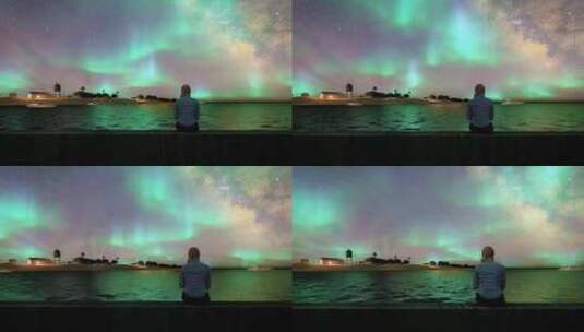 北极光在一个女人坐在海边3D动画高清在线视频素材下载