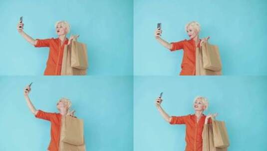 购物狂生活方式快乐女人手机照片高清在线视频素材下载