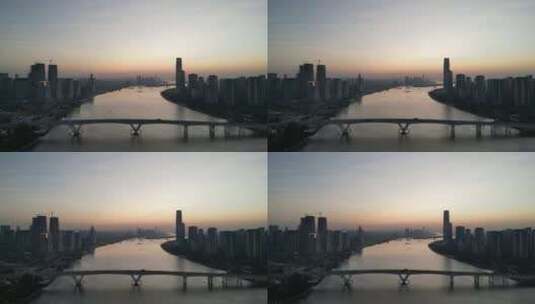 航拍广州日出琶洲大桥高清在线视频素材下载