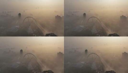 上海锦江乐园夏季日出平流雾航拍高清在线视频素材下载