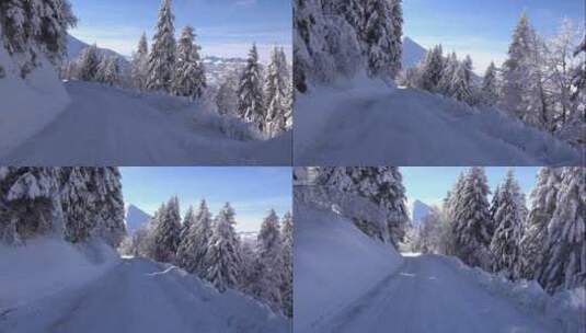 东北深山森林树林树上道路上的积雪高清在线视频素材下载