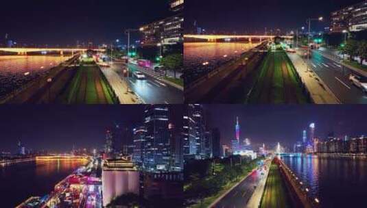 广州珠江畔夜景航拍合集高清在线视频素材下载