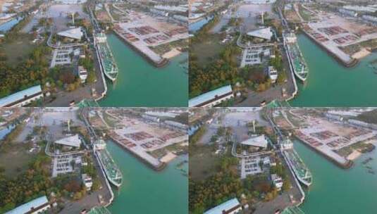 海南海口粤海铁路南港港口码头轮船轮渡航拍高清在线视频素材下载