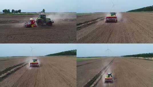 航拍大型拖拉机在田间播种高清在线视频素材下载