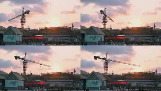 夕阳下正在建设的吊塔建筑空镜头高清在线视频素材下载
