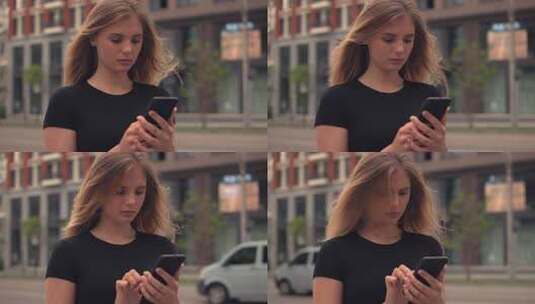 女孩在城市使用手机高清在线视频素材下载