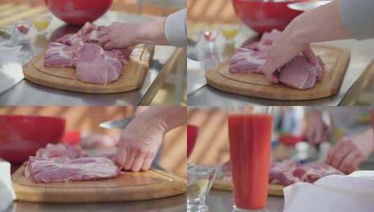 一个人的手在外面的木制表面上用屠刀切开一大块生肉。烧烤准备。拍摄于4k高清在线视频素材下载