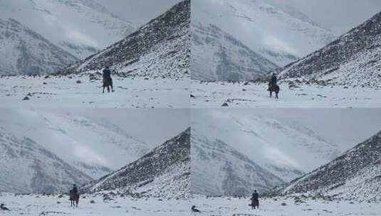 四川阿坝松潘岷山山脉雪中骑马的牧民高清在线视频素材下载