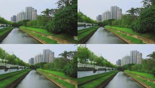 流动的水渠 一河两岸 风景 绿化 碧绿水面高清在线视频素材下载