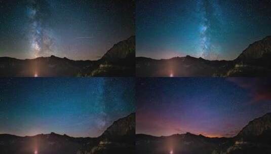 银河系的时间流逝和夏季夜空中的星星在阿尔卑斯山上空旋转高清在线视频素材下载