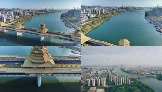 航拍柳州凤凰岭大桥与柳江滨水城市风光高清在线视频素材下载