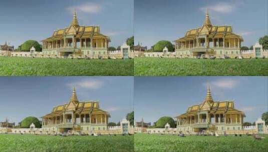 4k柬埔寨吴哥窟建筑物草坪高清在线视频素材下载