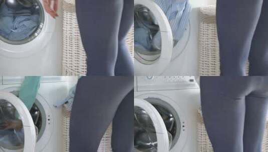 居家女性正在使用洗衣机洗衣服高清在线视频素材下载