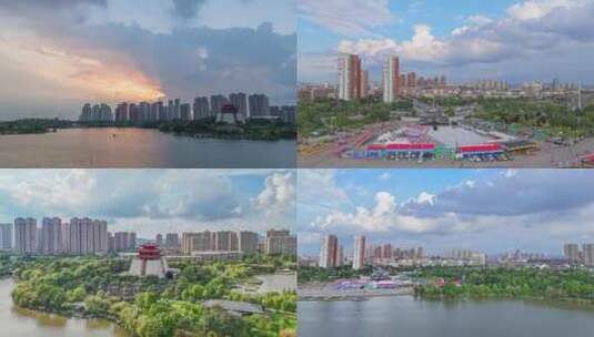 枣庄风光东湖公园航拍高清在线视频素材下载