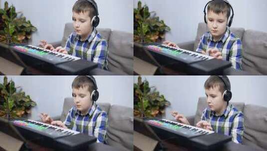 男孩在家玩合成器高清在线视频素材下载