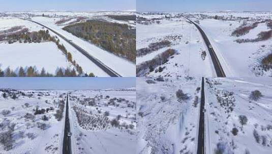 雪后旷野中的公路车辆行驶景象高清在线视频素材下载