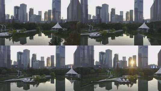 上海陆家嘴中心绿地建筑群日落航拍高清在线视频素材下载